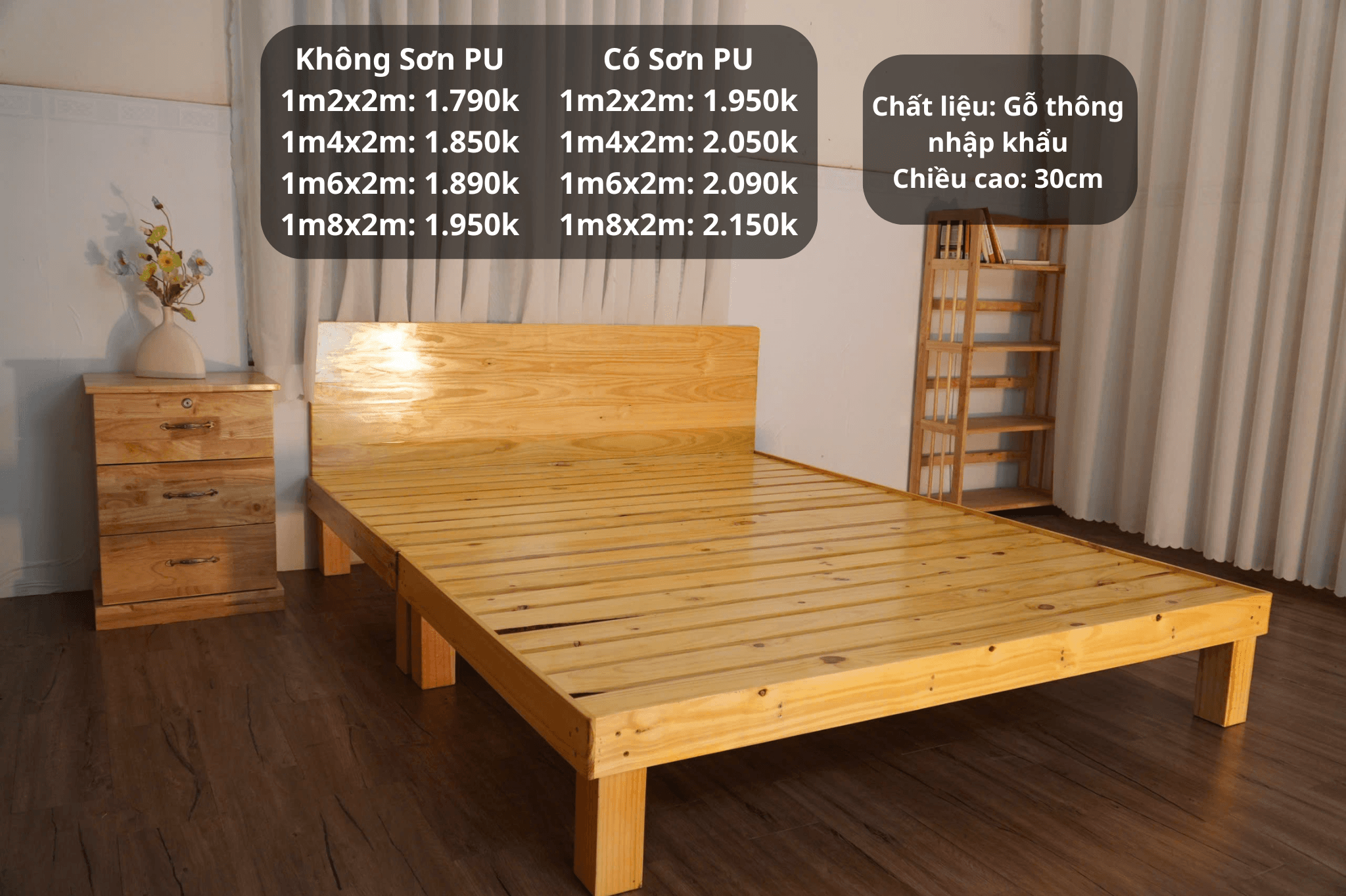 Giường pallet chân cao 30cm có gờ chắn nệm kèm tựa đầu giường