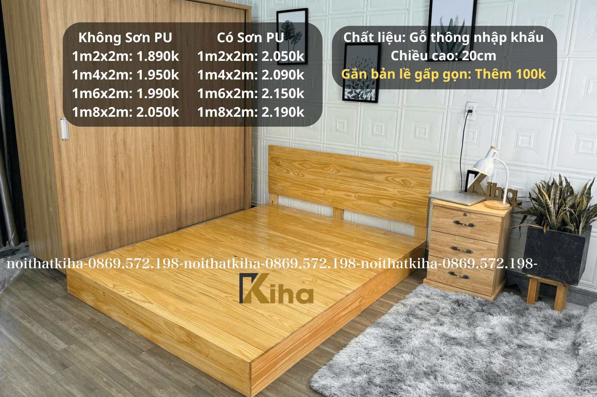 Giường pallet hộp kín cao 20cm có tựa đầu giường