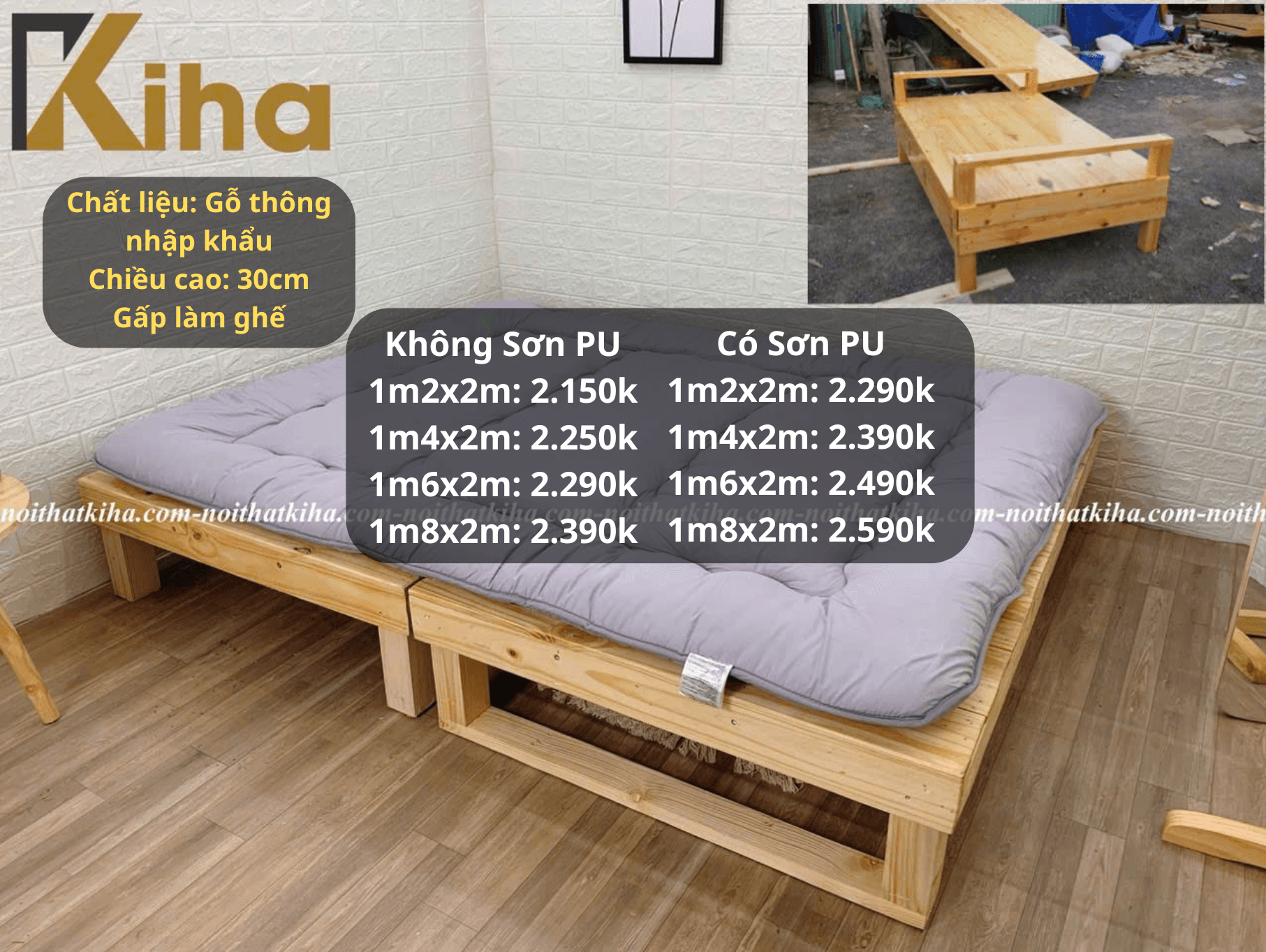 Giường pallet gấp gọn làm sofa chất liệu gỗ thông