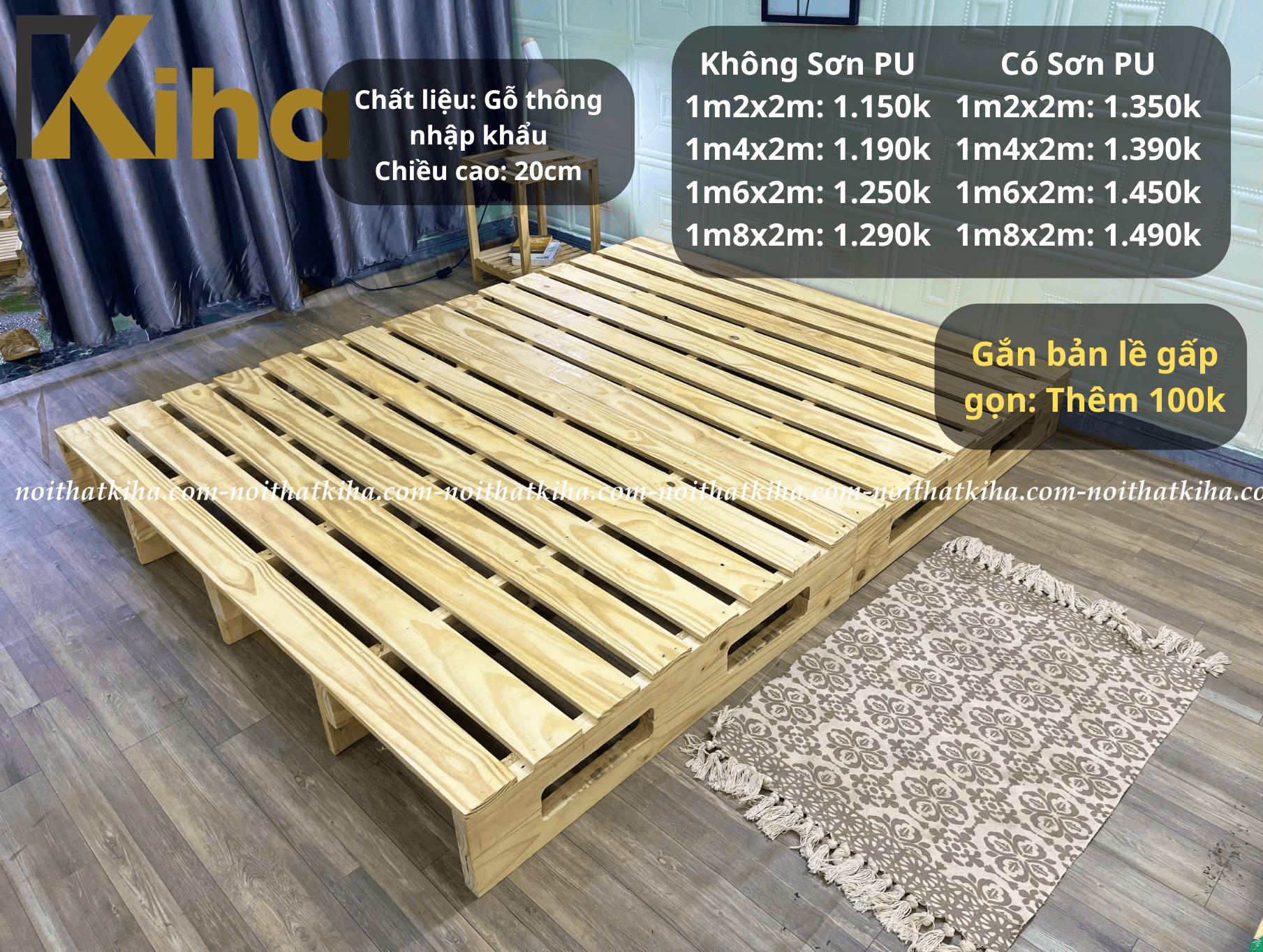 Giường pallet hộp kín 2 đầu nan thưa