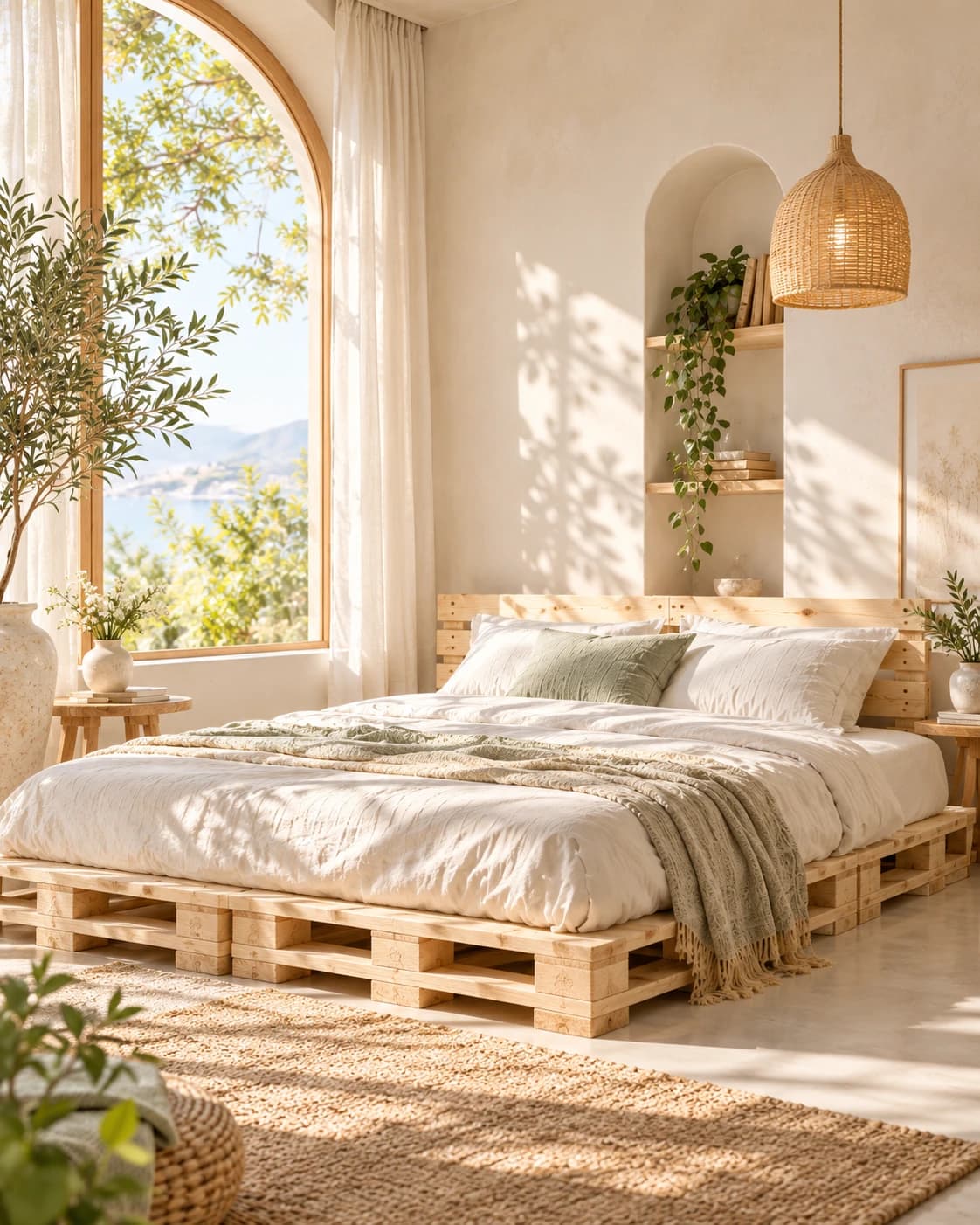 Gợi ý không gian phòng ngủ với giường gỗ pallet