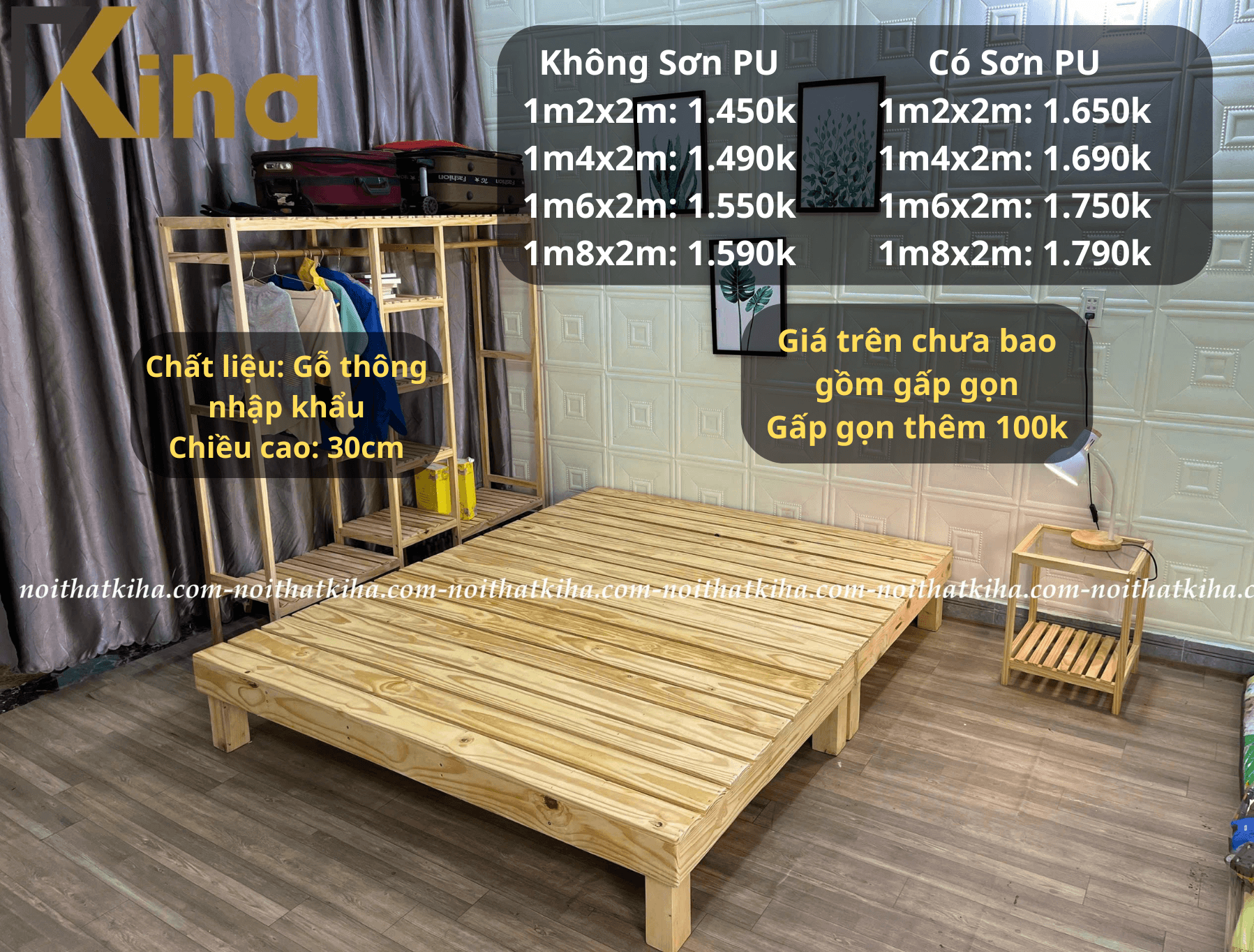 Giường pallet chân cao 30cm thiết kế nan giường thưa