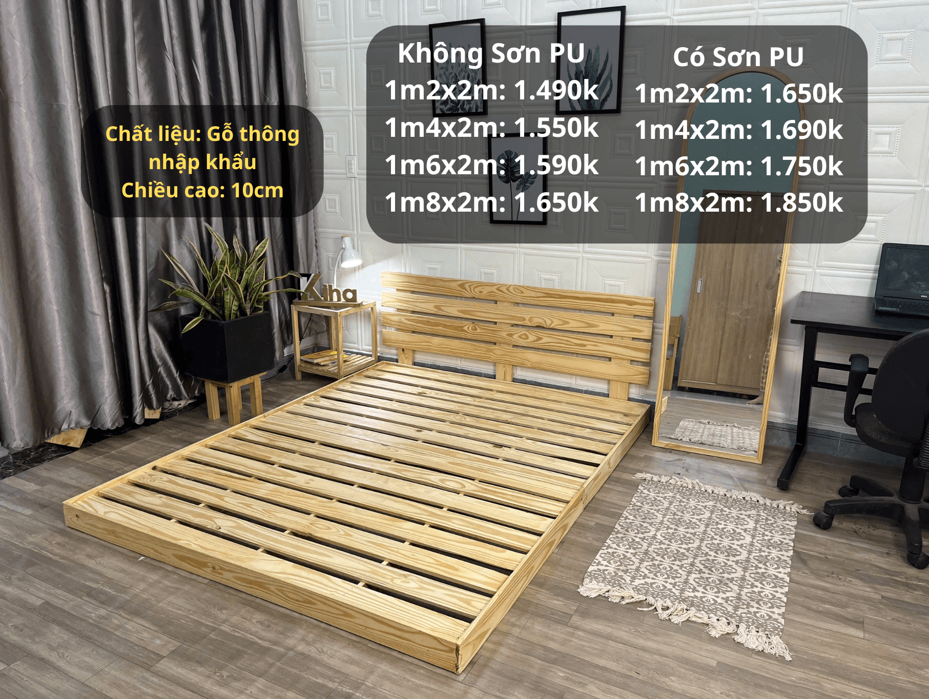 Giường pallet bệt cao 10cm có gờ chắn nệm kèm tựa đầu giường