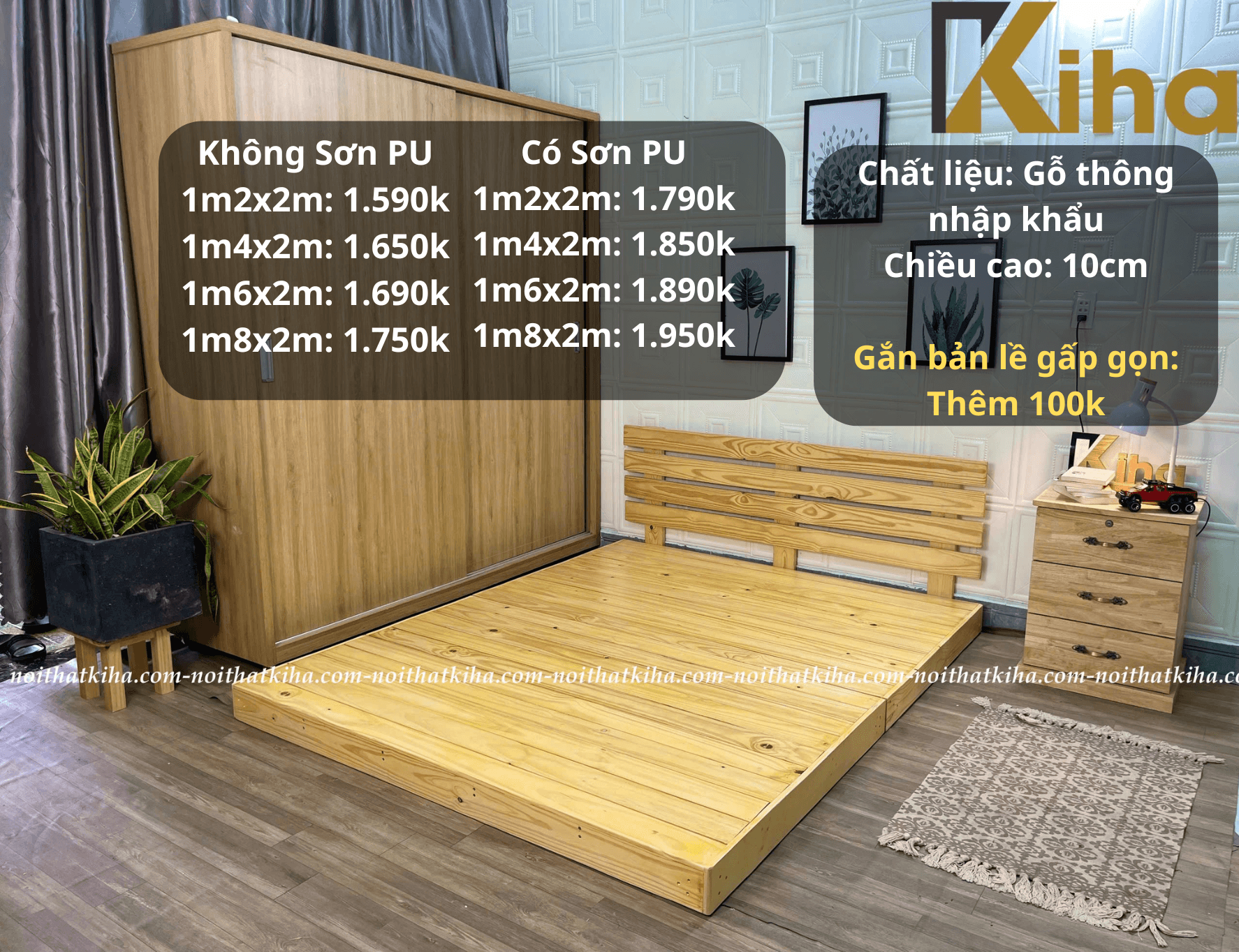 Giường pallet bệt cao 10cm thiết kế kín mặt có thêm tựa đầu giường