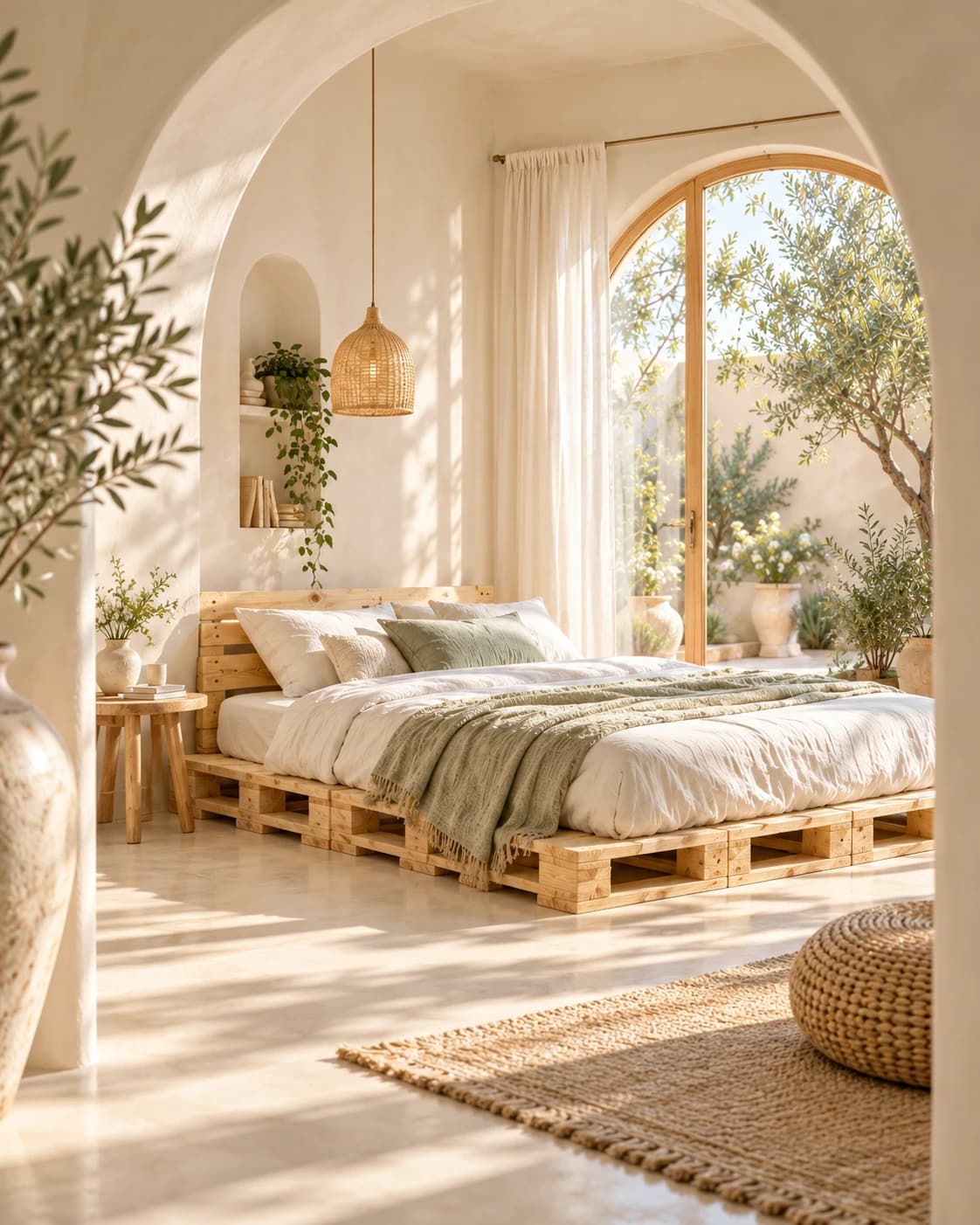 Góc phòng ngủ ngập nắng với giường pallet và cửa vòm