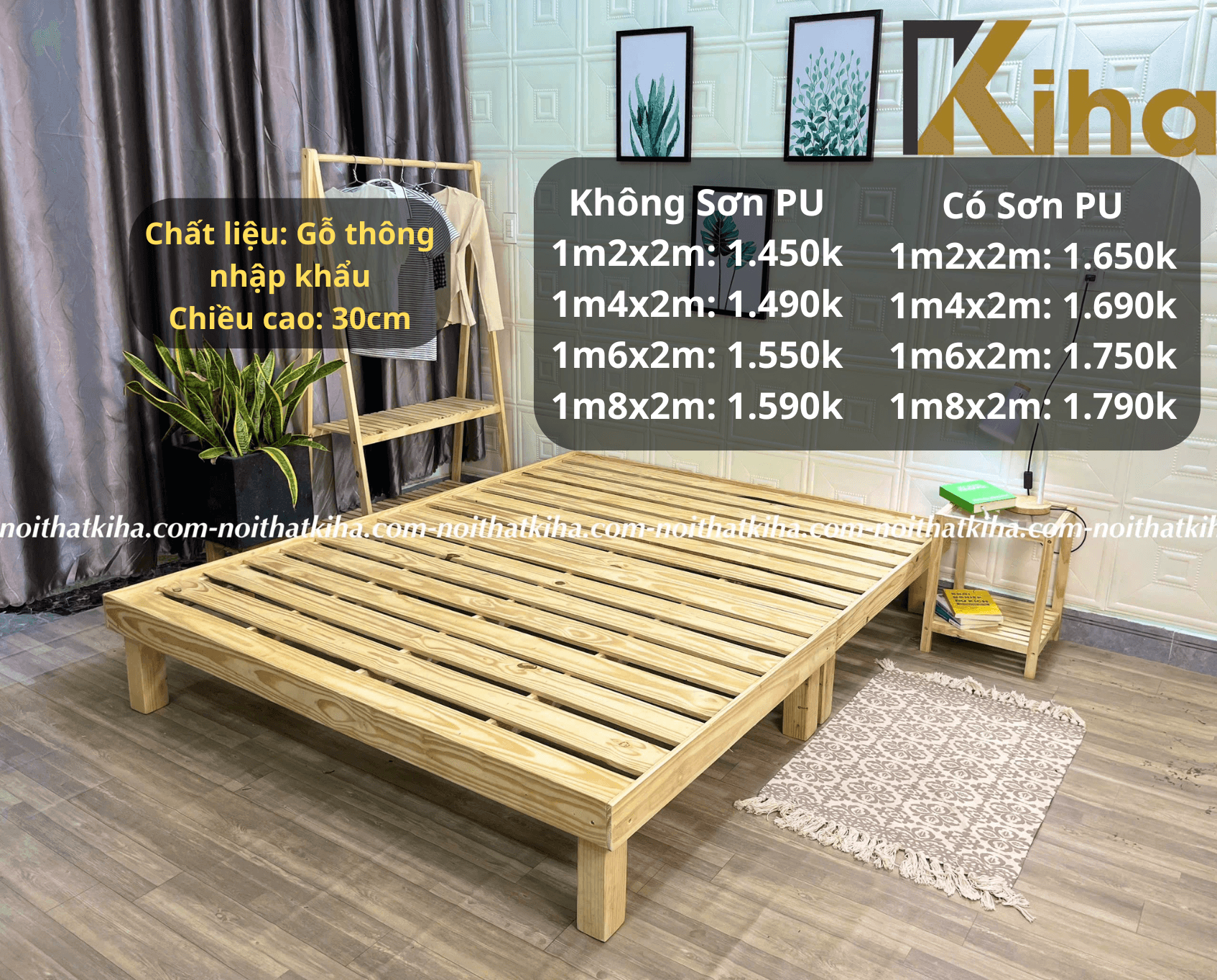 Giường pallet chân cao có gờ chắn nệm thiết kế nan thư