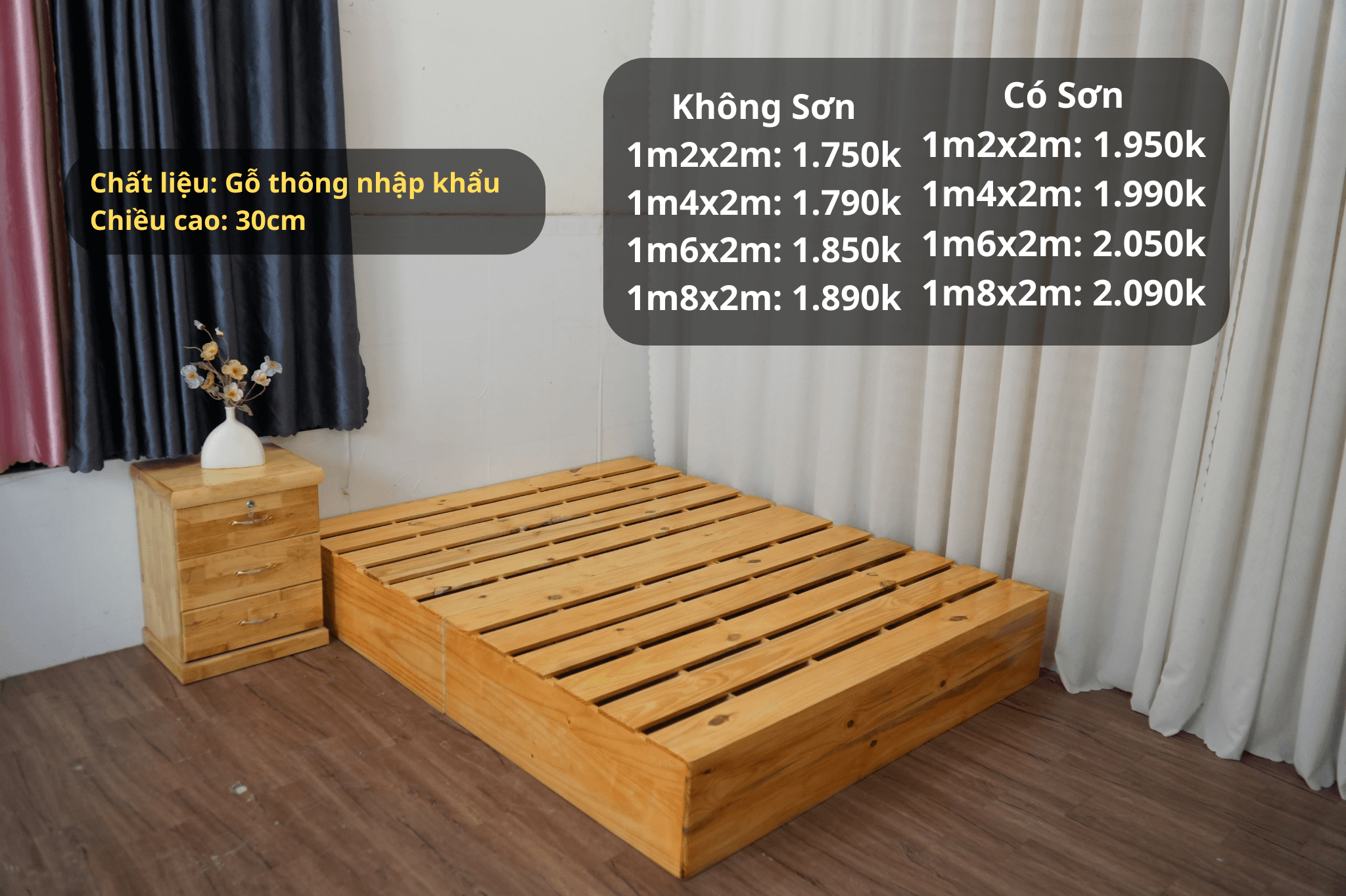 Giường pallet hộp cao 30cm nan thưa