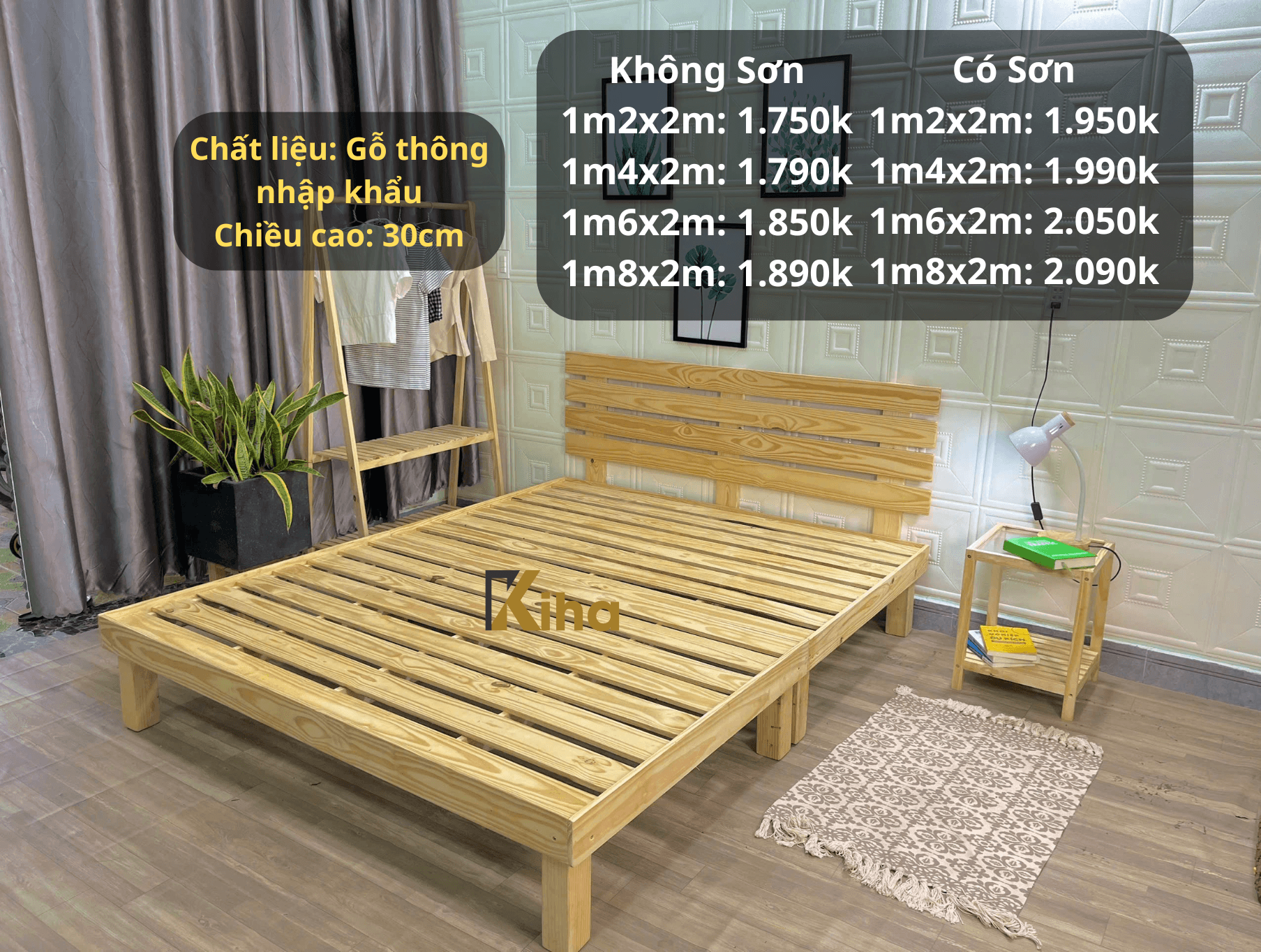 Giường pallet chân cao có gờ chắn nệm kèm tựa đầu giường thiết kế nan thưa