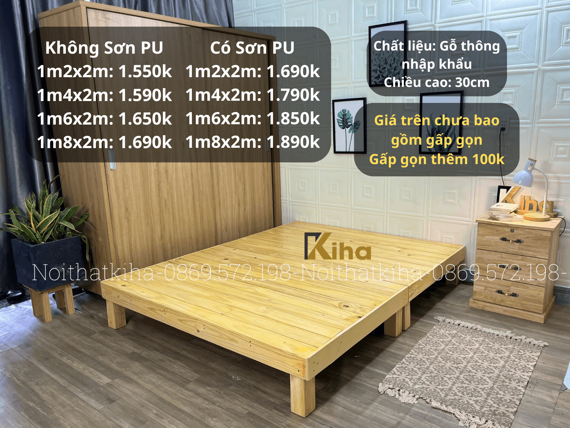 Giường pallet chân cao 30cm kín mặt