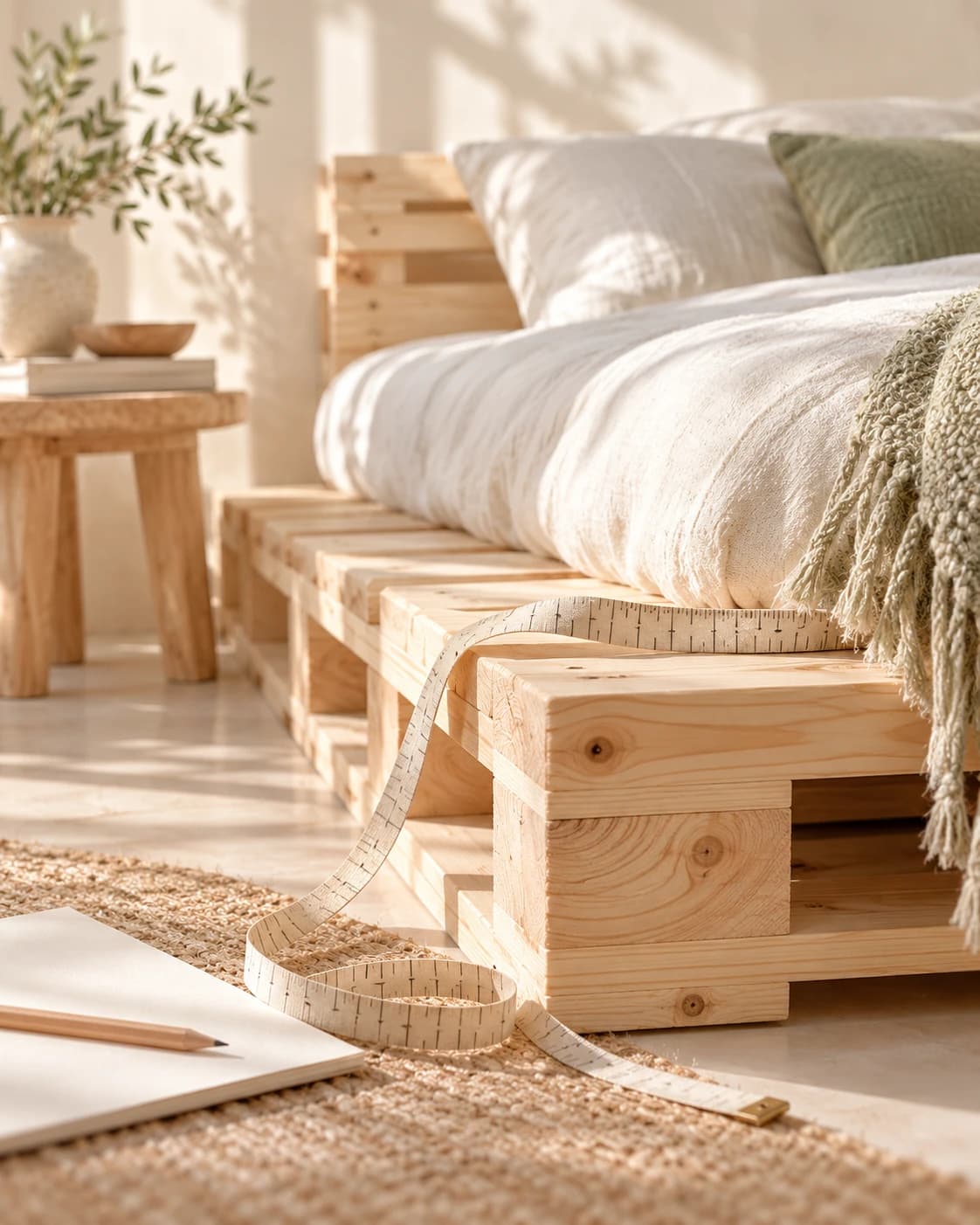 Thước dây và sổ ghi chú bên giường pallet, gợi ý chuẩn bị kích thước trước khi chọn giường