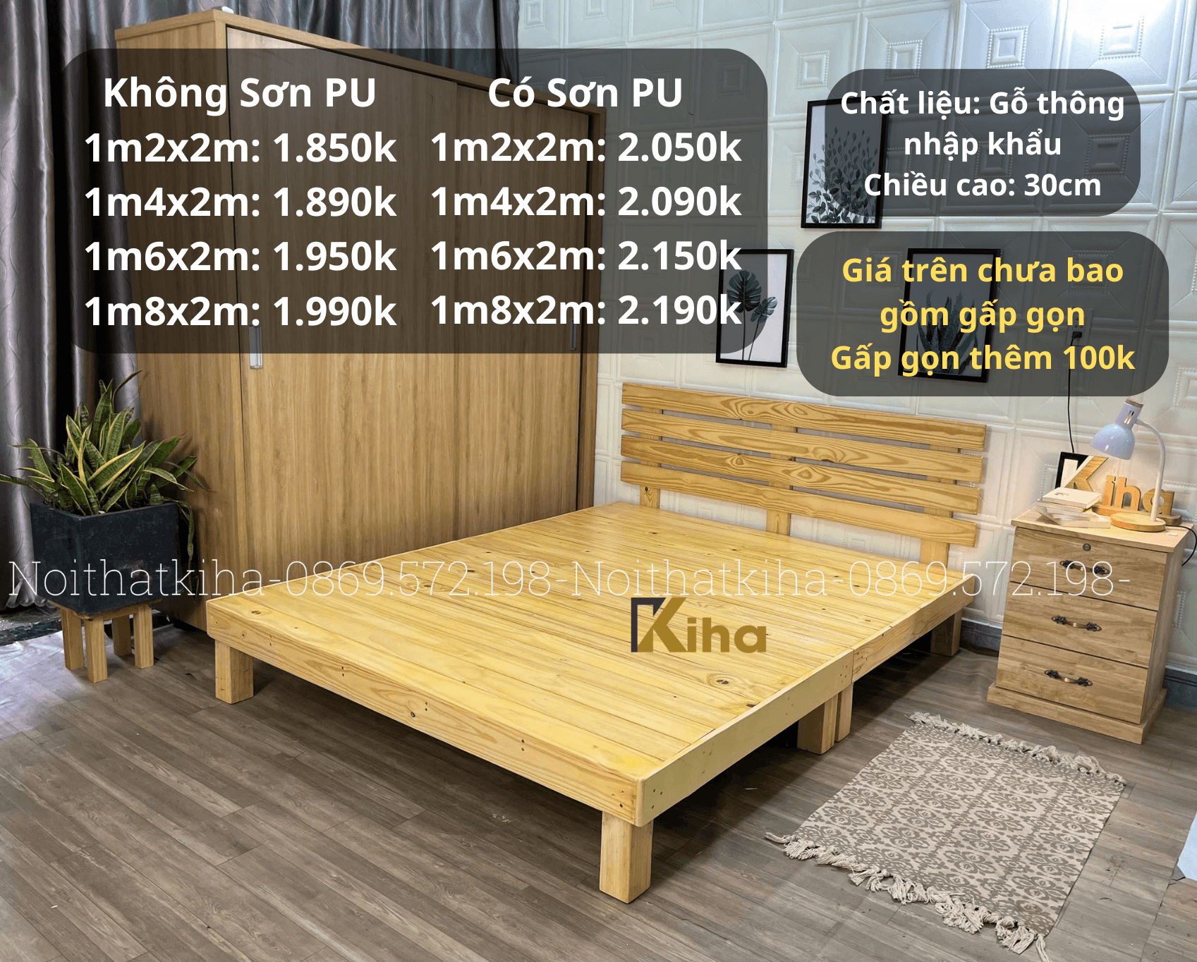Giường pallet chân cao 30cm có tựa đầu giường