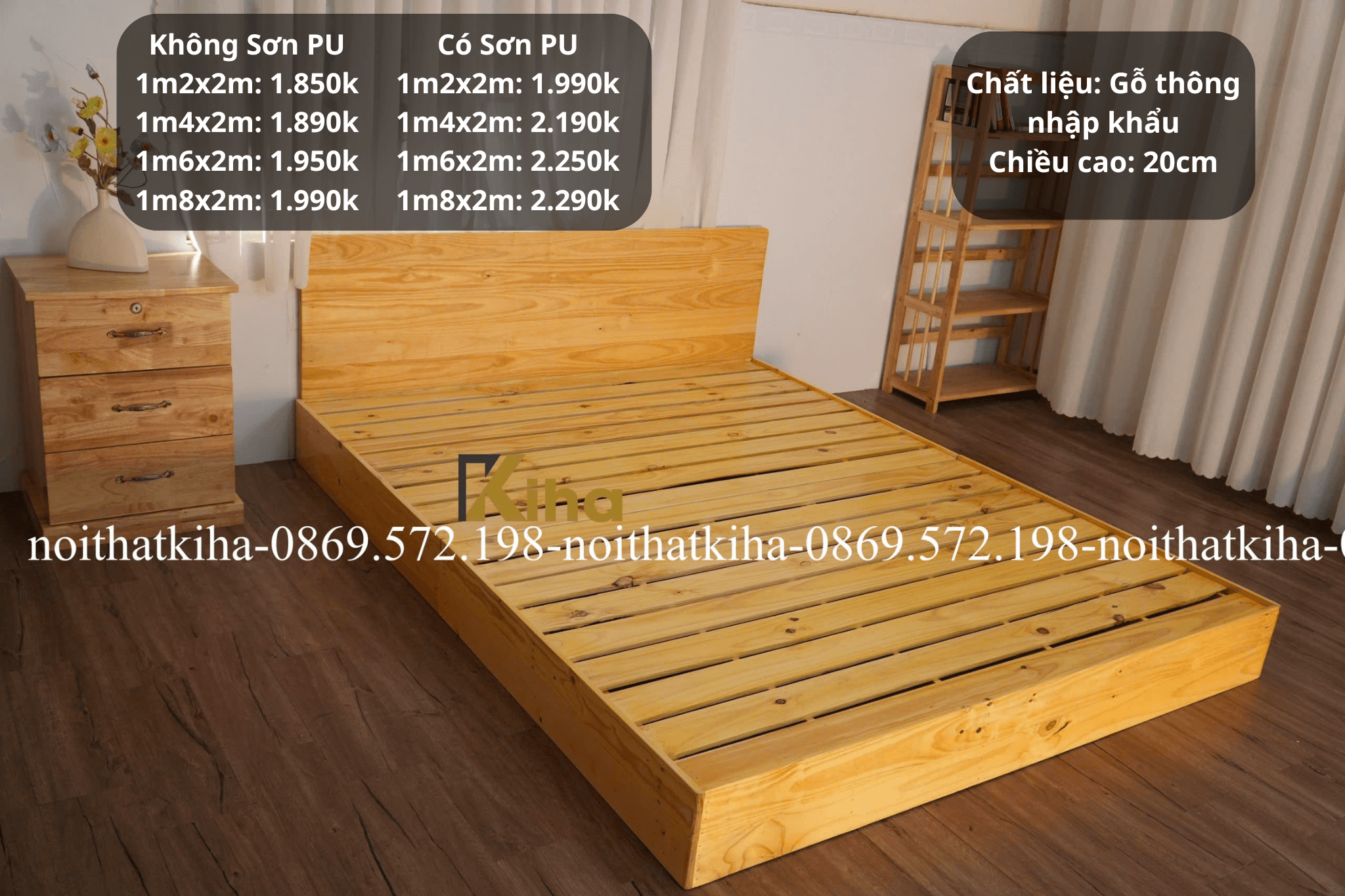 Giường pallet hộp có gờ chắn nệm kèm tựa đầu giường