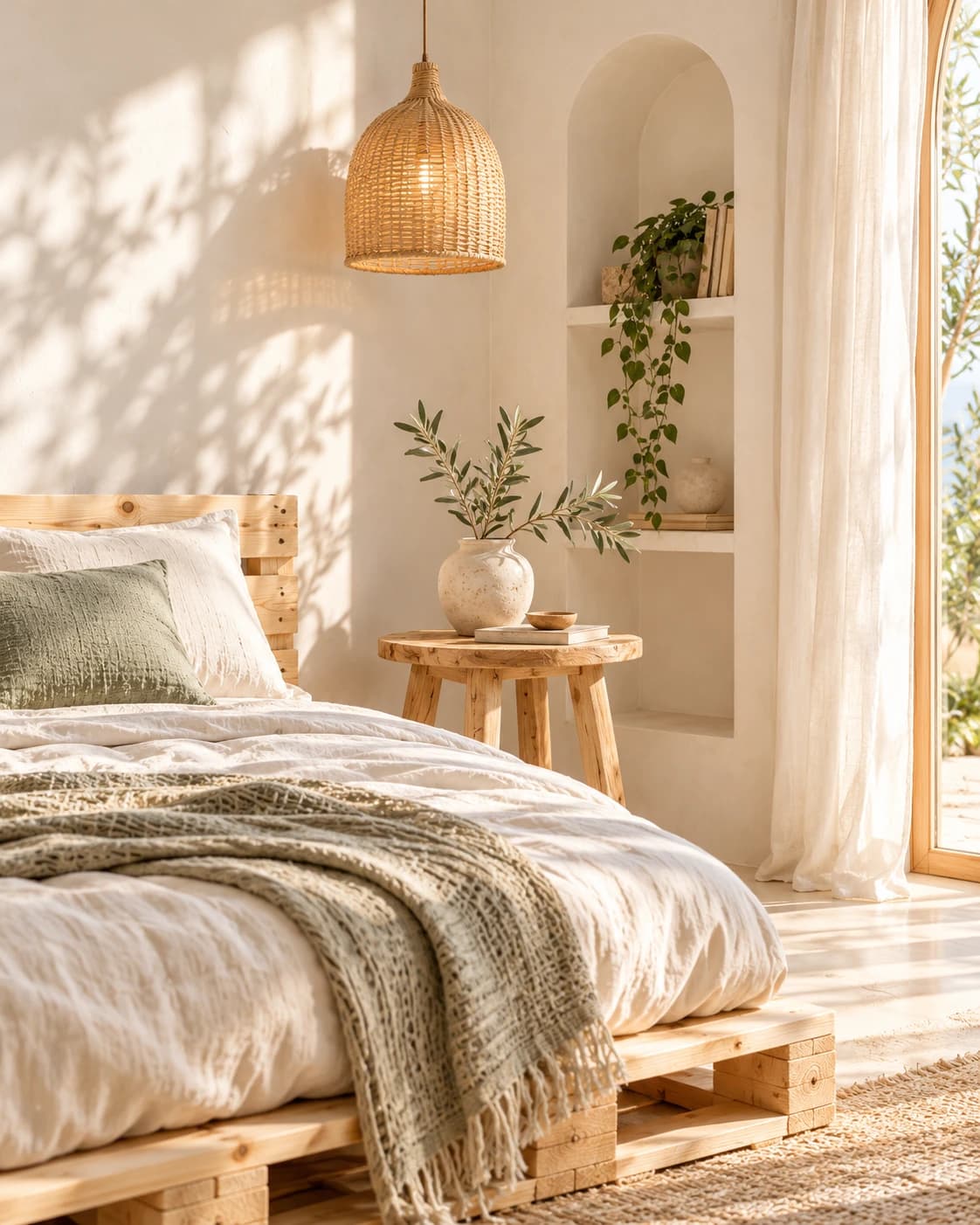 Giường pallet và góc phòng ngập nắng với chăn mềm, đèn mây và sắc gỗ ấm