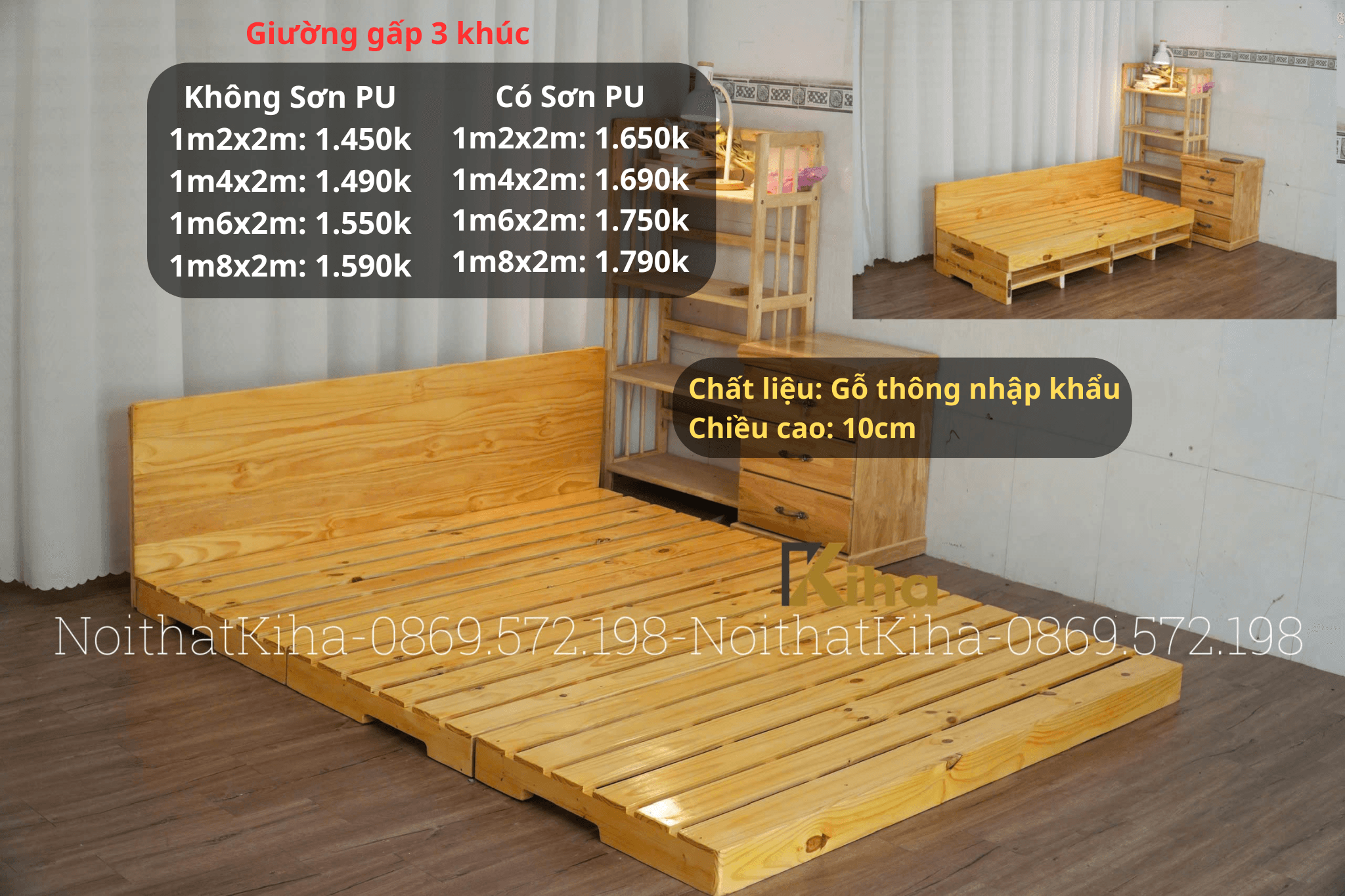 Giường pallet gấp 3 khúc có tựa đầu giường