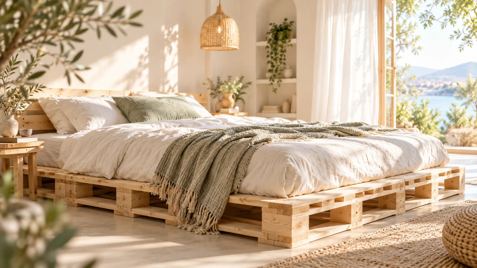 Góc nghỉ với giường gỗ tự nhiên bên cửa sổ