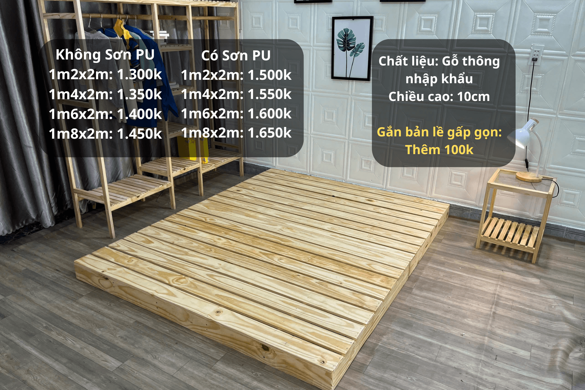 Giường pallet bệt cao 10cm thiết kế nan giường thưa