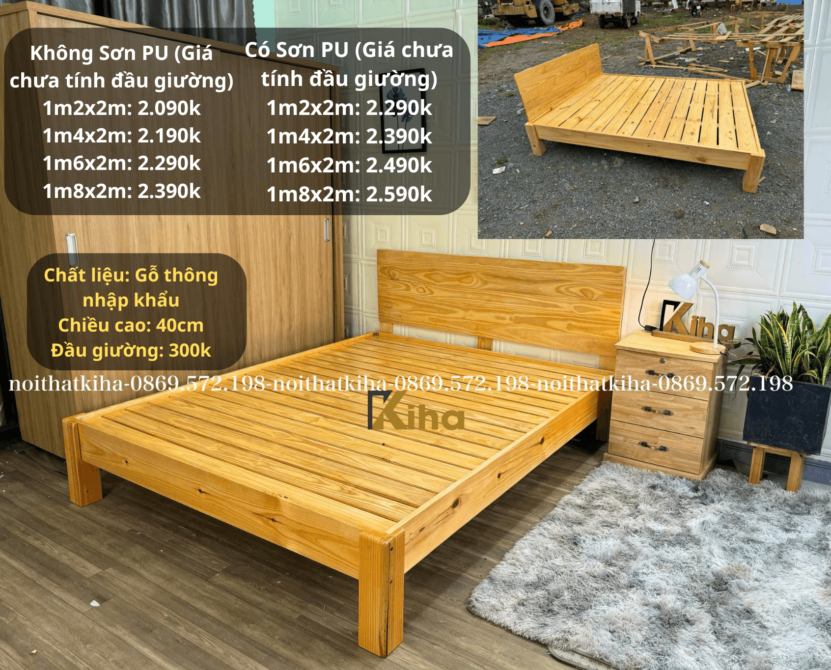 Giường pallet chân cao 40cm lắp ráp
