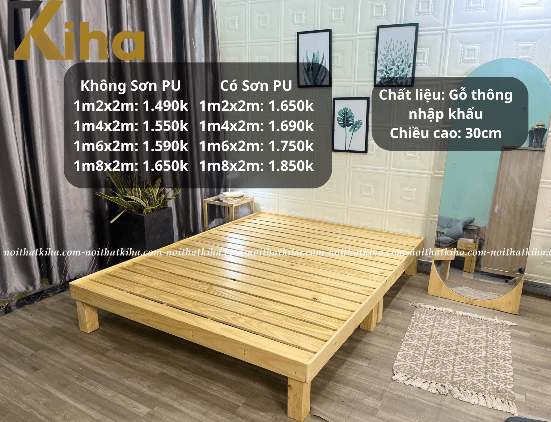 Giường pallet chân cao 30cm có gờ chắn nệm