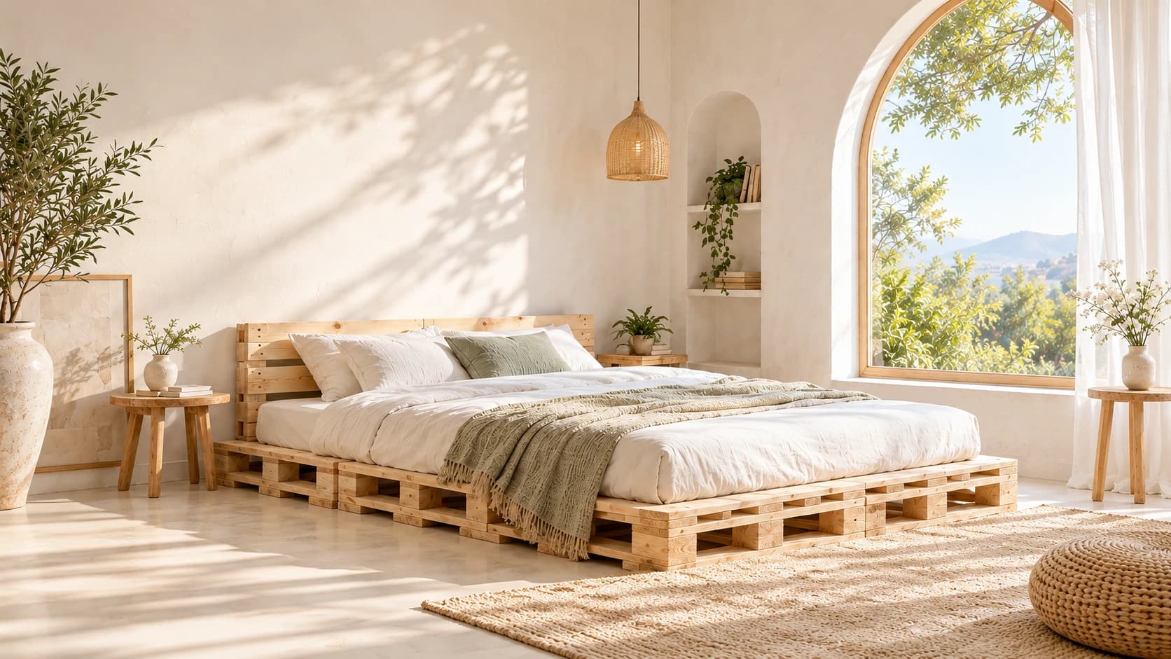 Giường pallet trong căn phòng ngập nắng, bên cửa vòm