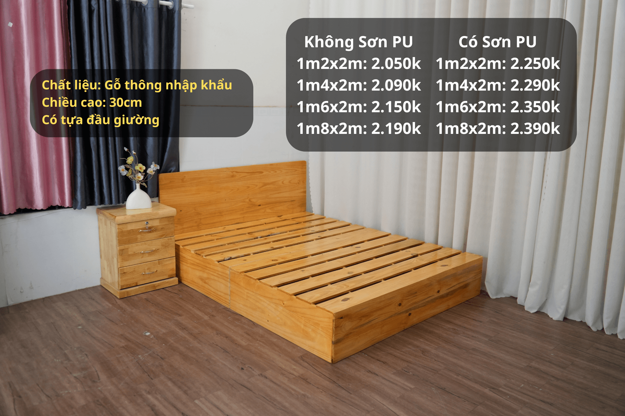 Giường pallet hộp cao 30cm nan thưa kèm tựa đầu giường