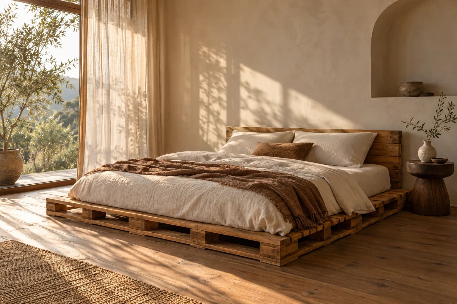 Phòng ngủ ấm áp với giường gỗ pallet và chăn linen