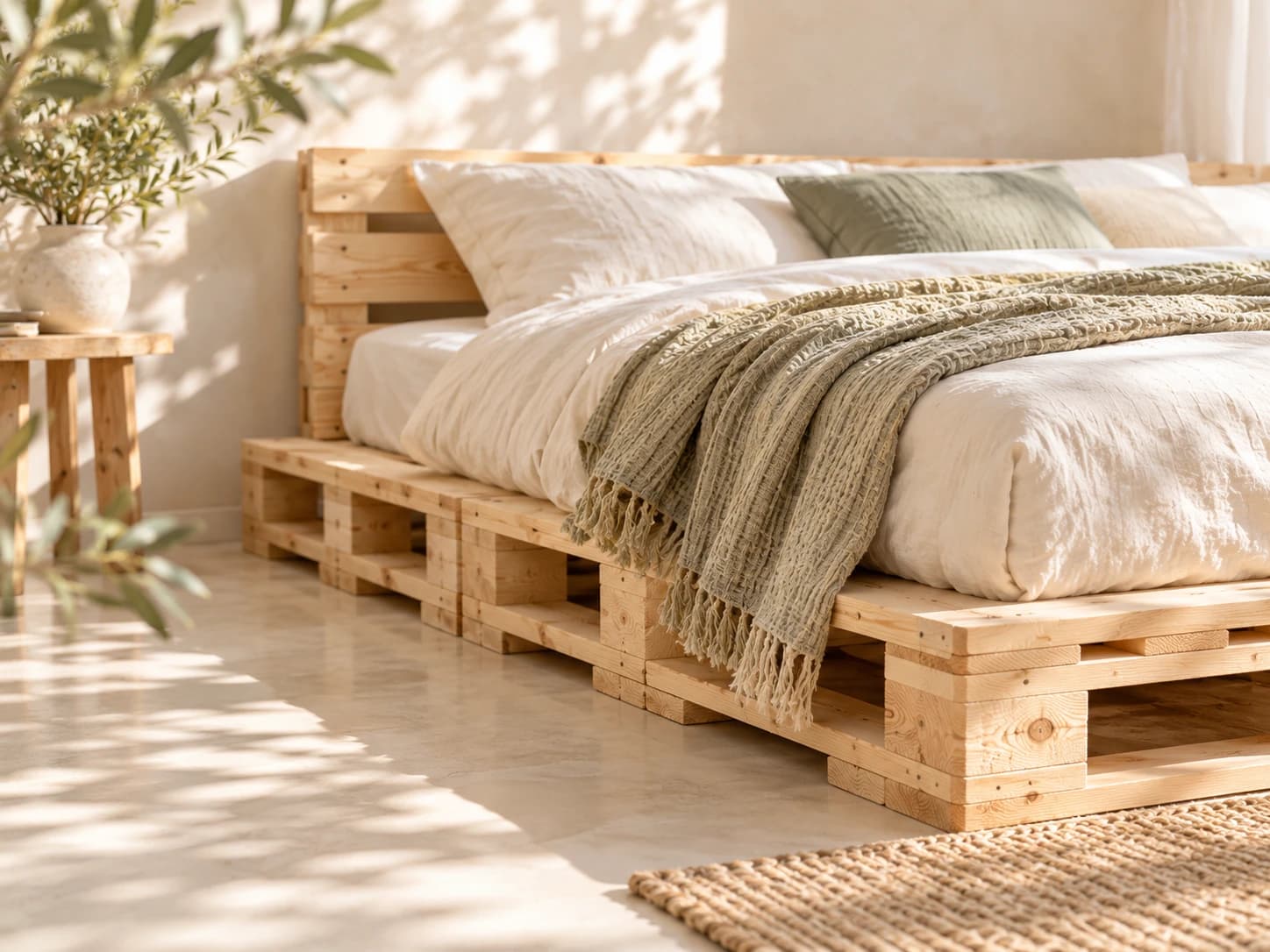 Chi tiết giường gỗ pallet với chăn linen dưới nắng